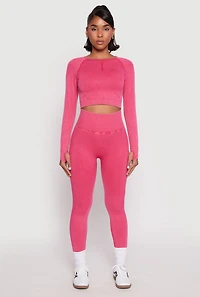 Womens Daisy Seamless Acid Wash Long Sleeve Crop Top, Pink, Size S