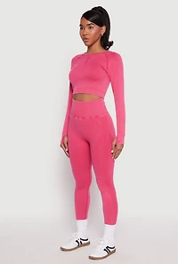 Womens Daisy Seamless Acid Wash Long Sleeve Crop Top, Pink, Size S