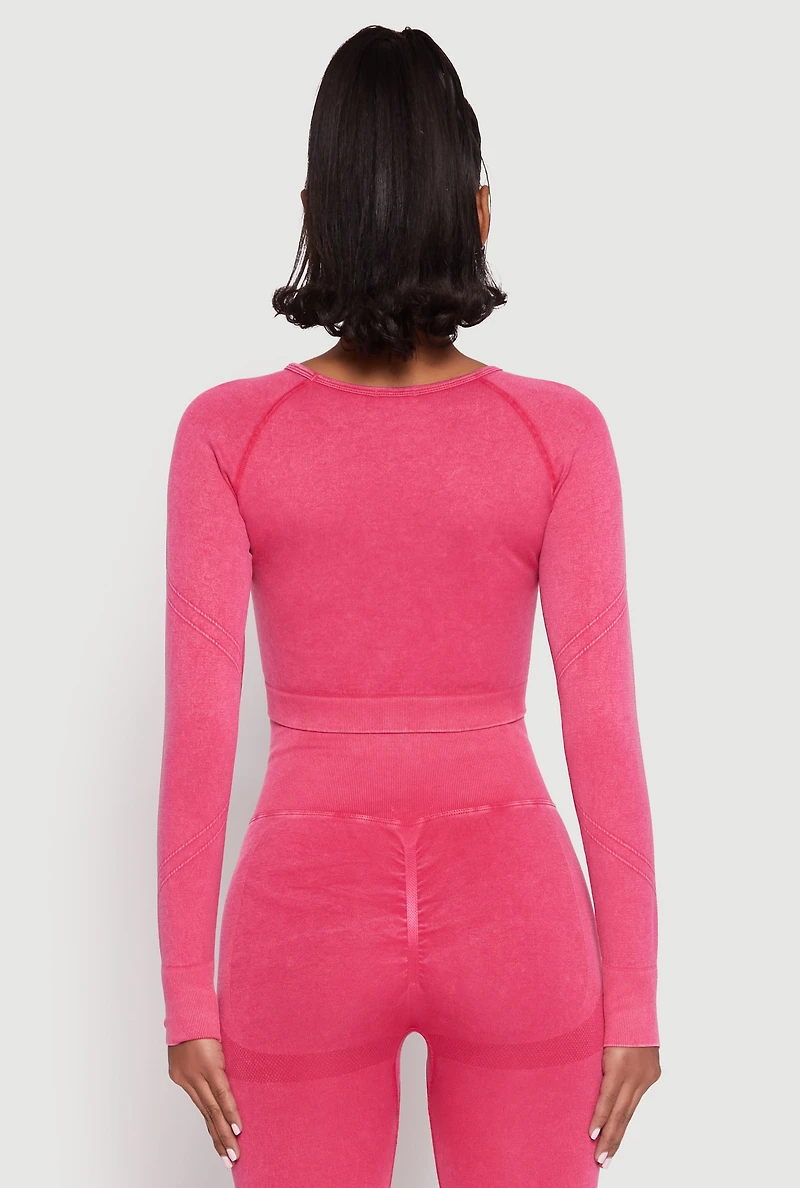 Womens Daisy Seamless Acid Wash Long Sleeve Crop Top, Pink, Size S