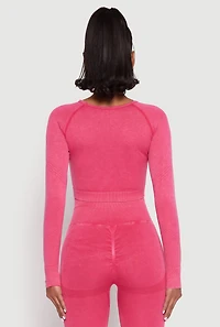 Womens Daisy Seamless Acid Wash Long Sleeve Crop Top, Pink, Size S