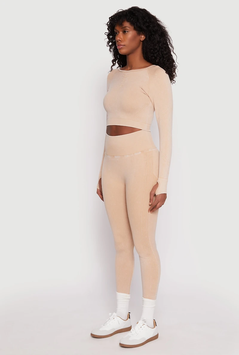 Womens Daisy Seamless Acid Wash Long Sleeve Crop Top,