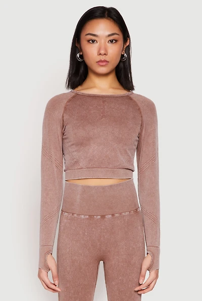 Womens Daisy Seamless Acid Wash Long Sleeve Crop Top,