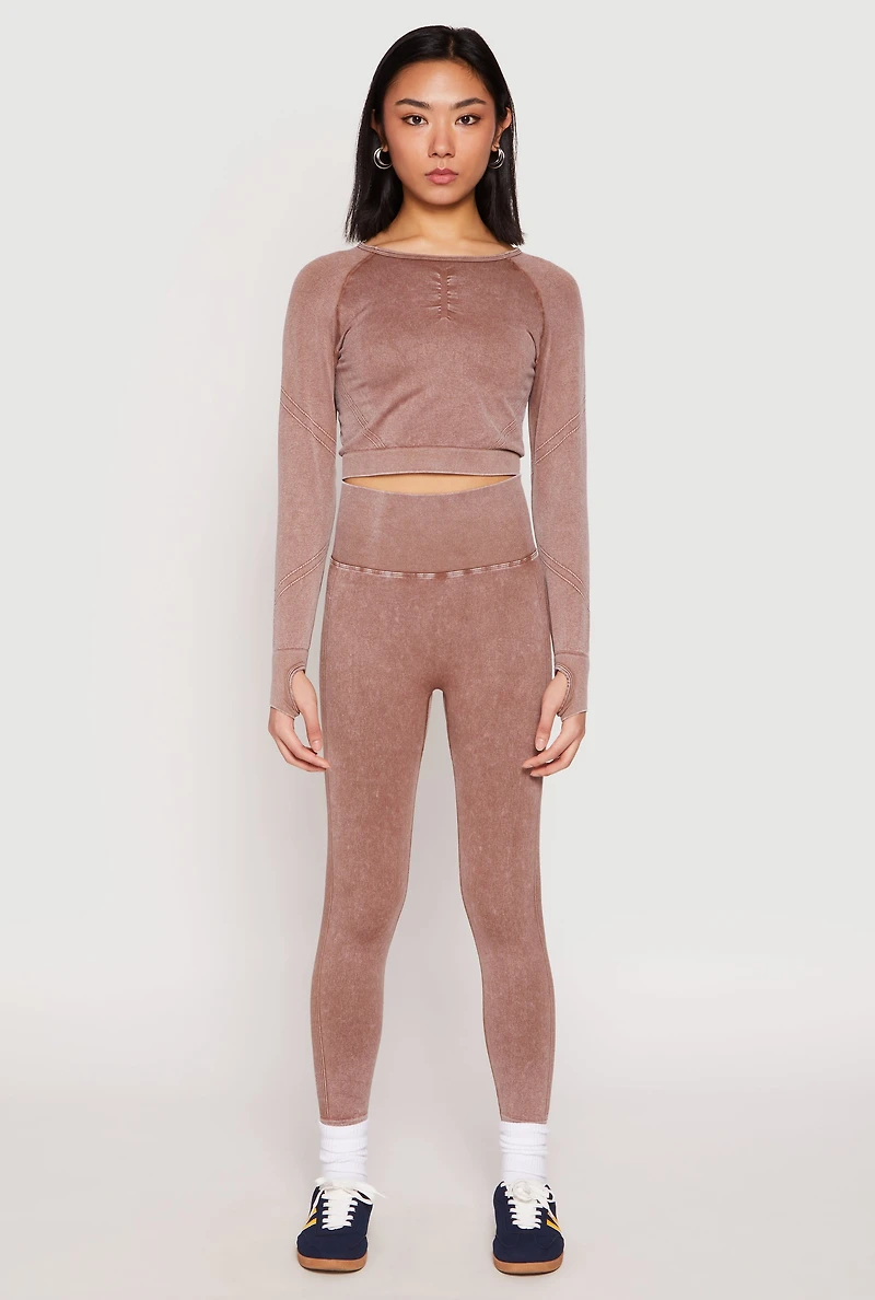 Womens Daisy Seamless Acid Wash Long Sleeve Crop Top, Brown,