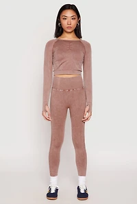 Womens Daisy Seamless Acid Wash Long Sleeve Crop Top, Brown,