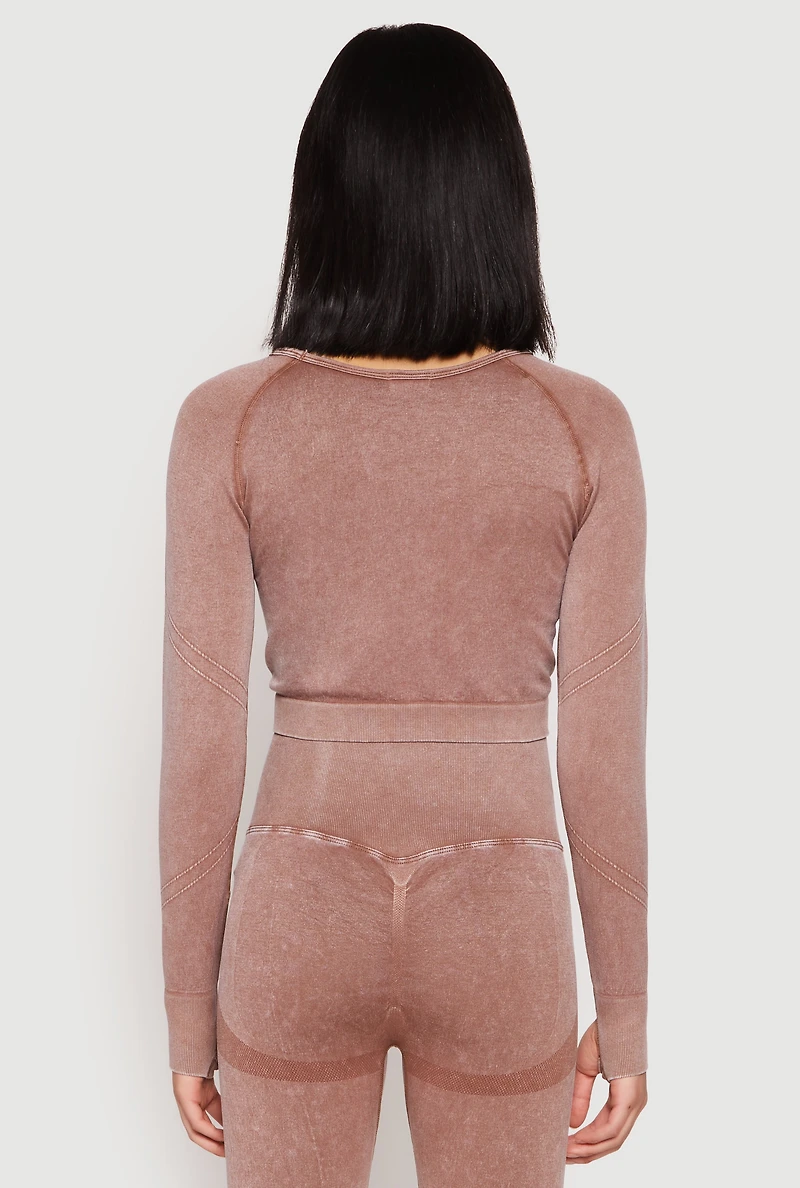 Womens Daisy Seamless Acid Wash Long Sleeve Crop Top, Brown,
