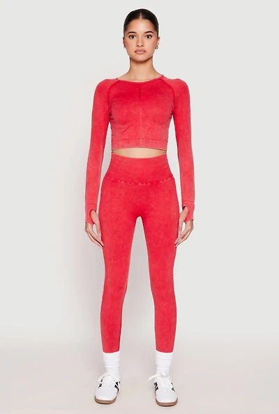 Womens Daisy Seamless Acid Wash High Waist Leggings, Red, Size S