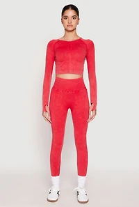 Womens Daisy Seamless Acid Wash High Waist Leggings, Red, Size S