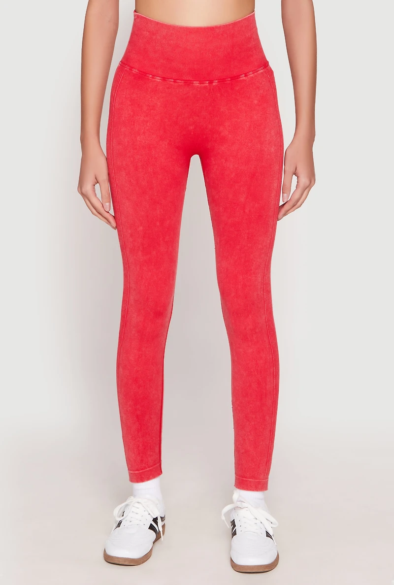 Womens Daisy Seamless Acid Wash High Waist Leggings, Red, Size S