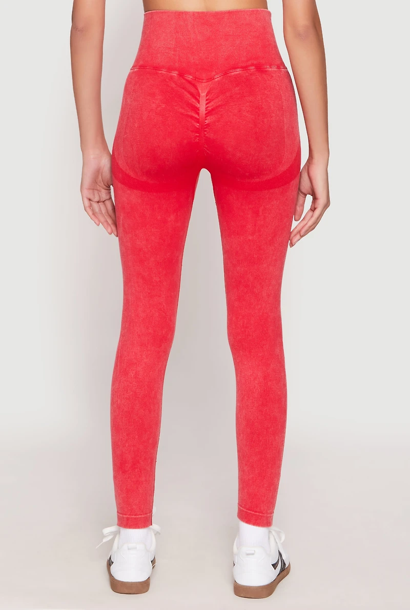 Womens Daisy Seamless Acid Wash High Waist Leggings, Red, Size S