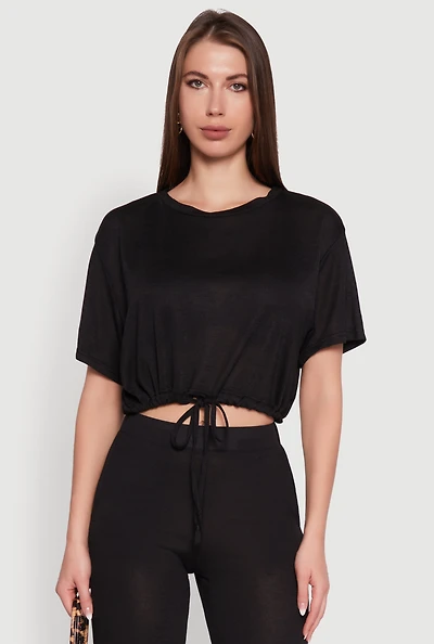 Womens Daisy Drawstring Hem Crew Neck Cropped Tee,