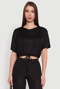 Daisy Drawstring Hem Crew Neck Cropped Tee