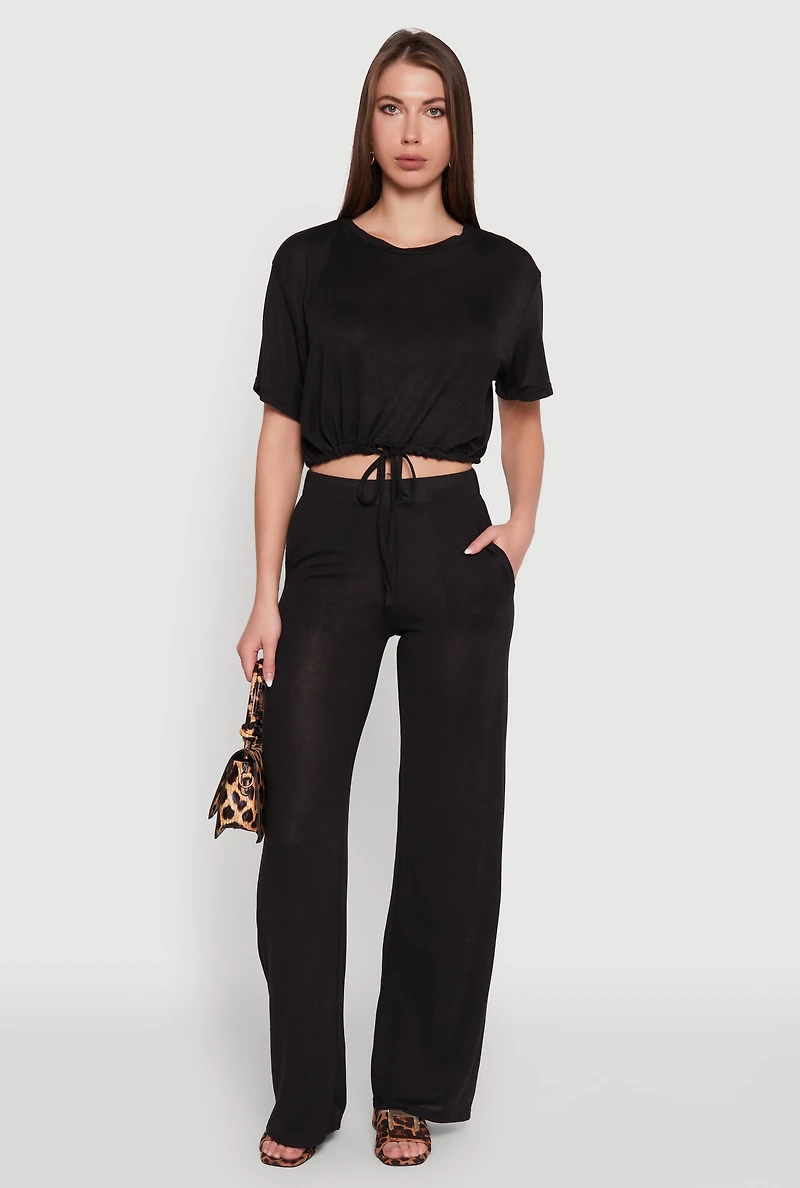 Womens Daisy Drawstring Hem Crew Neck Cropped Tee,