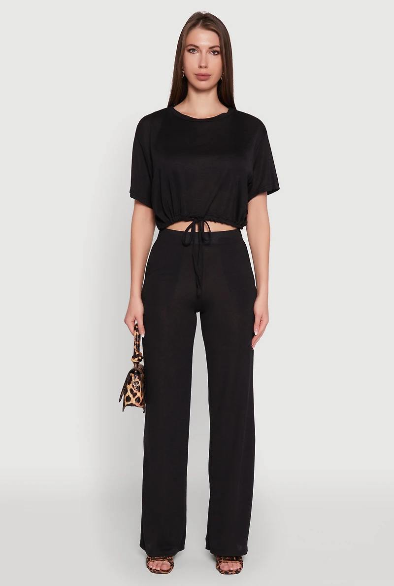 Womens Daisy Drawstring Hem Crew Neck Cropped Tee,