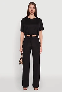 Womens Daisy Drawstring Hem Crew Neck Cropped Tee,