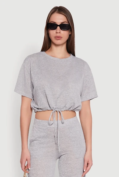 Daisy Drawstring Hem Crew Neck Cropped Tee