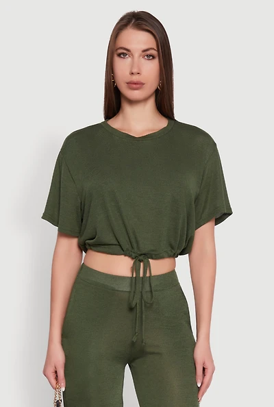 Womens Daisy Drawstring Hem Crew Neck Cropped Tee,