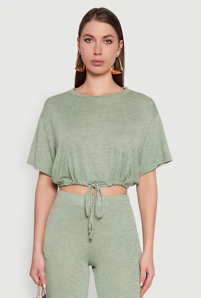 Womens Daisy Drawstring Hem Crew Neck Cropped Tee,