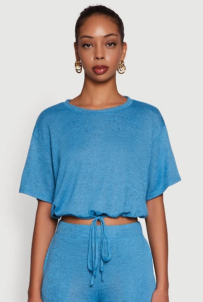 Womens Daisy Drawstring Hem Crew Neck Cropped Tee,