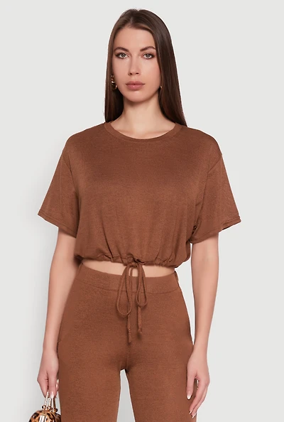 Womens Daisy Drawstring Hem Crew Neck Cropped Tee,