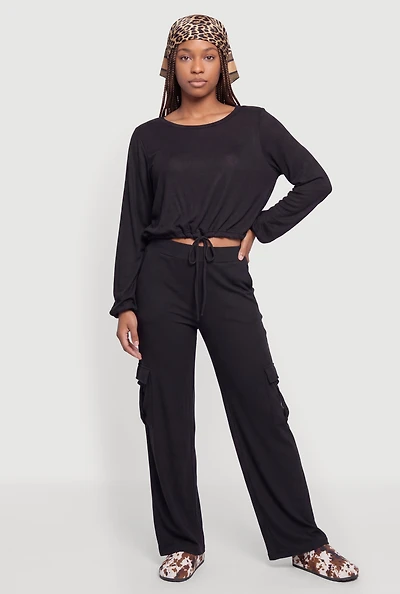 Brushed Knit Wide Leg Cargo Pants
