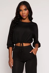 Womens Daisy Drawstring Hem Long Sleeve Crop Top, Black, Size S