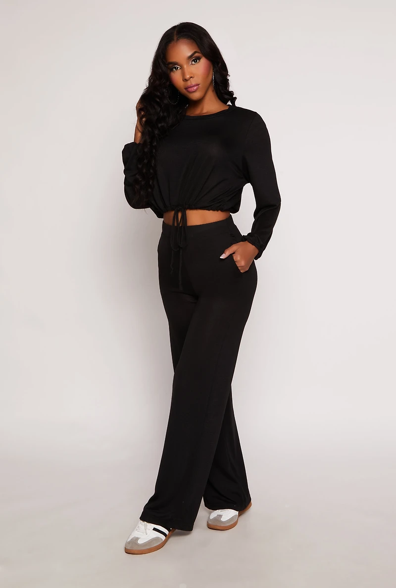 Womens Daisy Drawstring Hem Long Sleeve Crop Top, Black, Size S