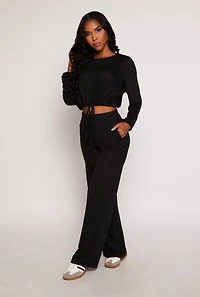 Womens Daisy Drawstring Hem Long Sleeve Crop Top, Black, Size S