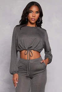 Womens Daisy Drawstring Hem Long Sleeve Crop Top, Grey, Size S