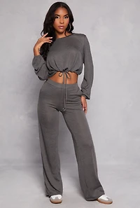 Womens Daisy Drawstring Hem Long Sleeve Crop Top, Grey, Size S