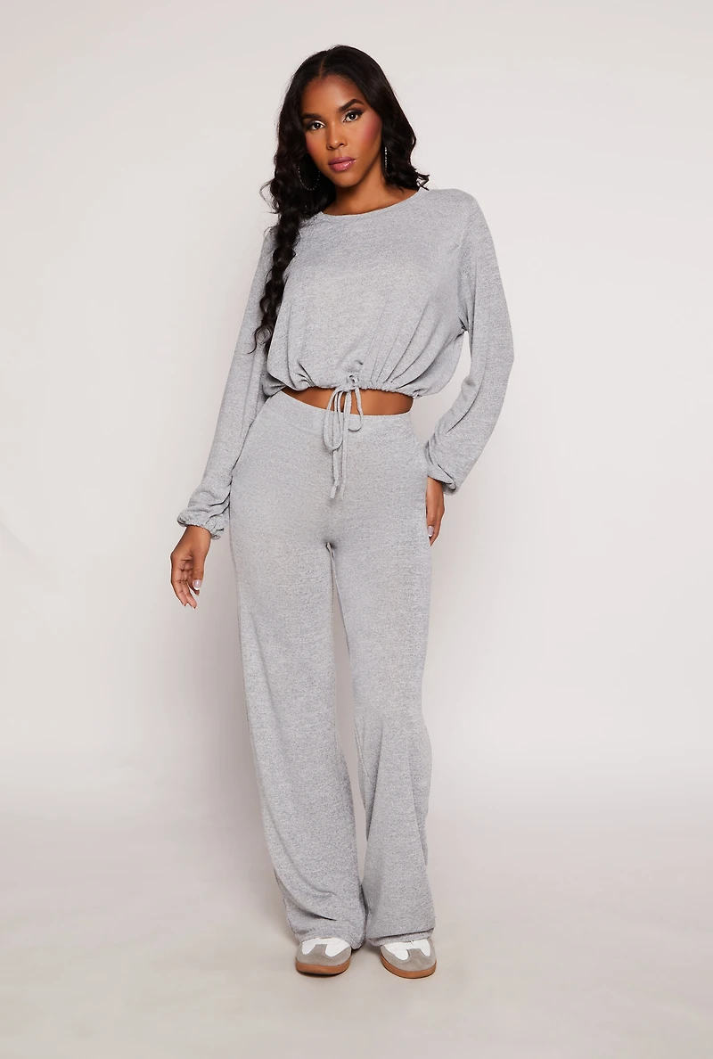 Womens Daisy Drawstring Hem Long Sleeve Crop Top, Grey, Size M