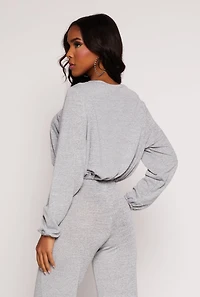 Womens Daisy Drawstring Hem Long Sleeve Crop Top, Grey,