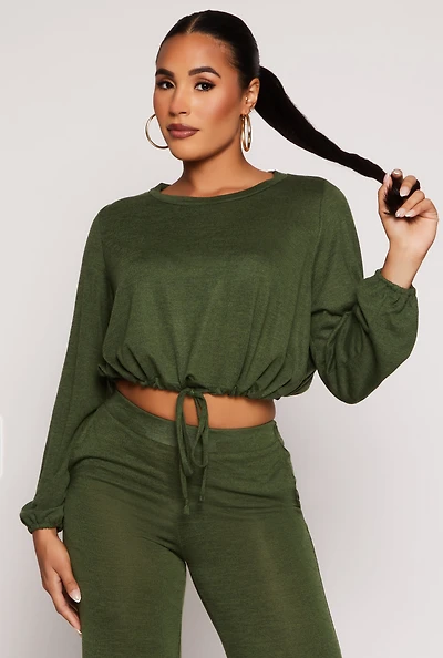 Womens Daisy Drawstring Hem Long Sleeve Crop Top, Green, Size S