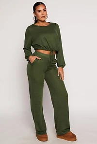 Womens Daisy Drawstring Hem Long Sleeve Crop Top, Green, Size S