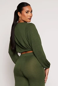 Womens Daisy Drawstring Hem Long Sleeve Crop Top, Green, Size S
