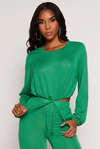 Womens Daisy Drawstring Hem Long Sleeve Crop Top, Green, Size M