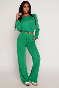 Womens Daisy Drawstring Hem Long Sleeve Crop Top, Green, Size M
