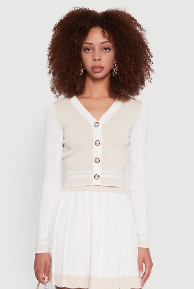 Womens Color Blocked Cropped Cardigan, Multi,