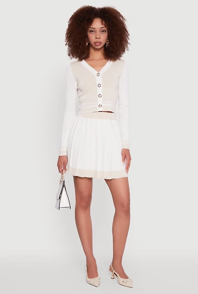 Womens Contrast Trim Pleated Midi Skirt, White,