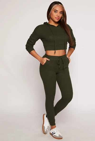 Womens Brushed Knit Drawstring High Waisted Joggers, Green, Size S