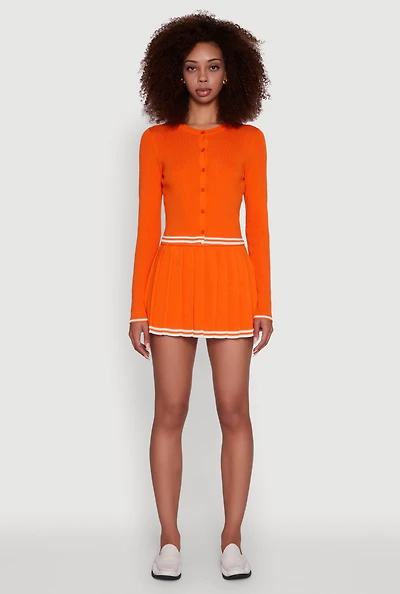Womens Daisy High Waisted Varsity Stripe Pleated Skirt, Orange,