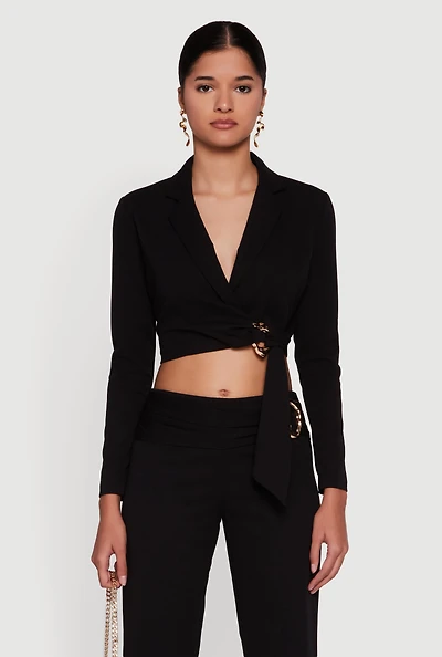 Womens Metallic Knot Front Detail Cropped Blazer,