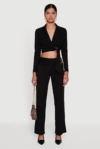 Womens Metallic Detail Side Ruched Crepe Knit Pants, Black,