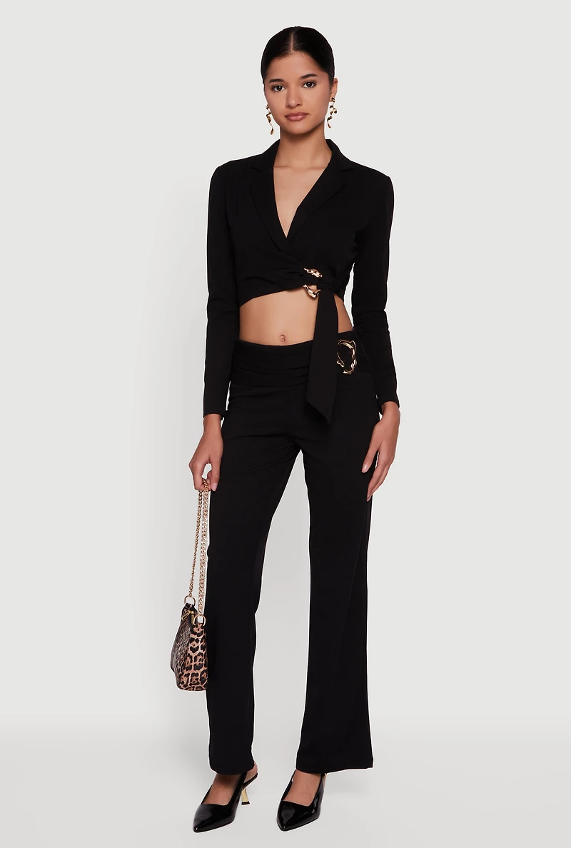 Womens Metallic Detail Side Ruched Crepe Knit Pants, Black,