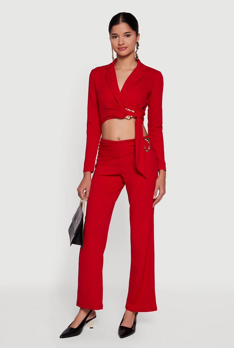 Metallic Detail Side Ruched Crepe Knit Pants