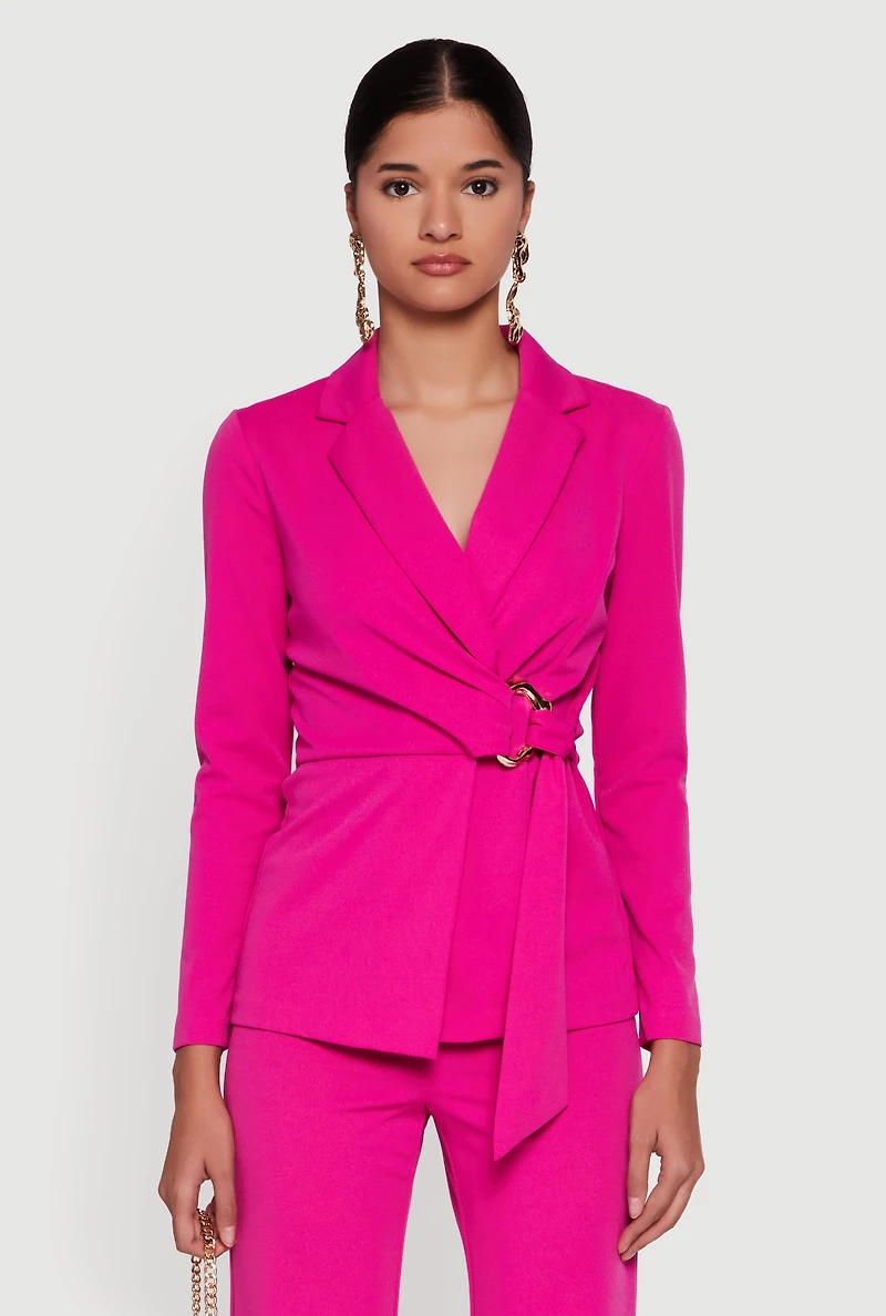 Womens Asymmetrical Belted Front Blazer, Pink, Size M