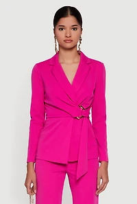 Womens Asymmetrical Belted Front Blazer, Pink, Size M