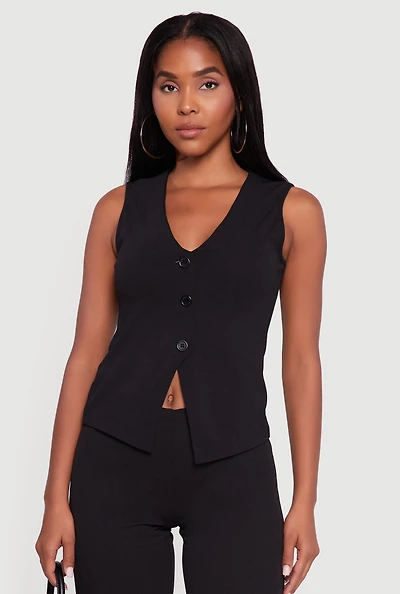 Womens Crepe Knit V-Neck Front Slit Blazer Vest, Black, Size L