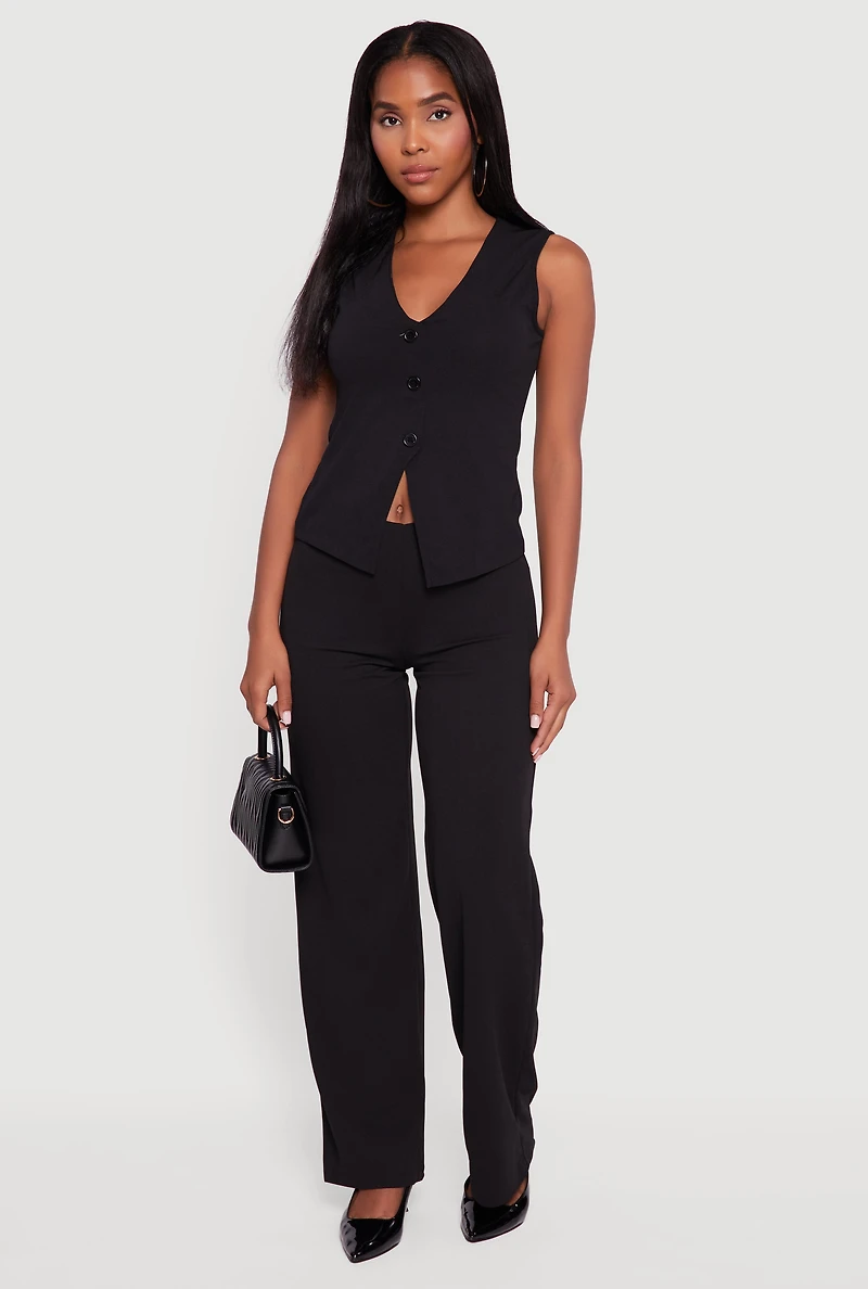 Womens Crepe Knit V-Neck Front Slit Blazer Vest, Black, Size L