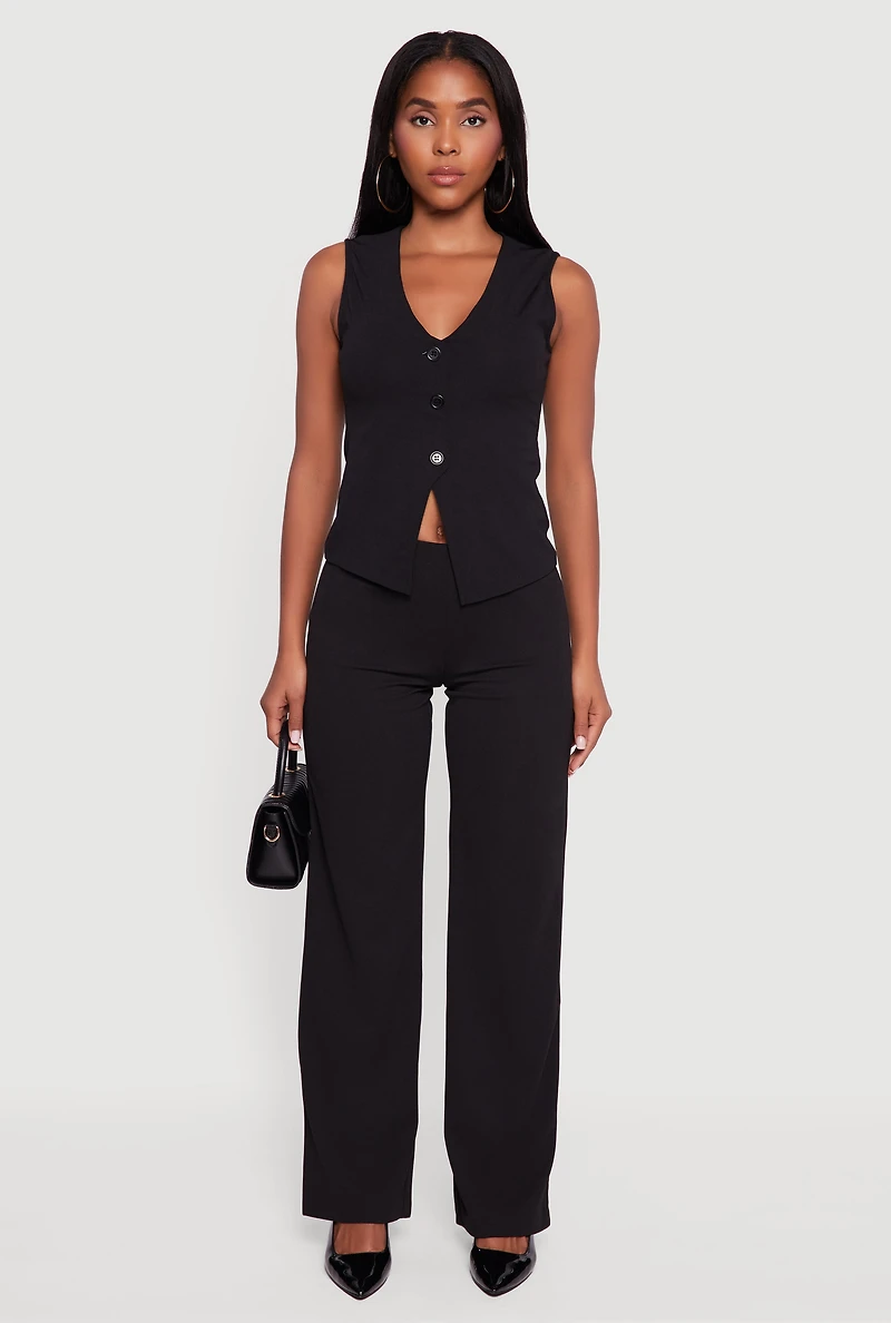 Womens Crepe Knit V-Neck Front Slit Blazer Vest, Black, Size L