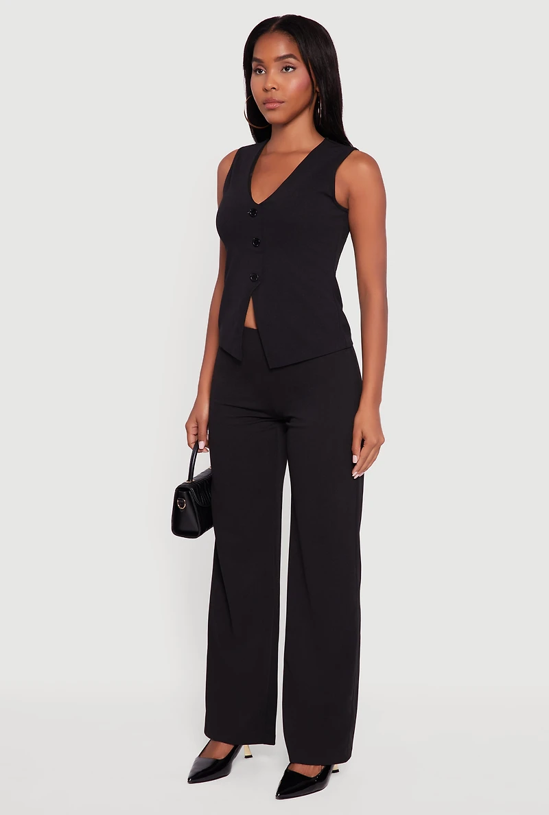 Womens Crepe Knit V-Neck Front Slit Blazer Vest, Black, Size L